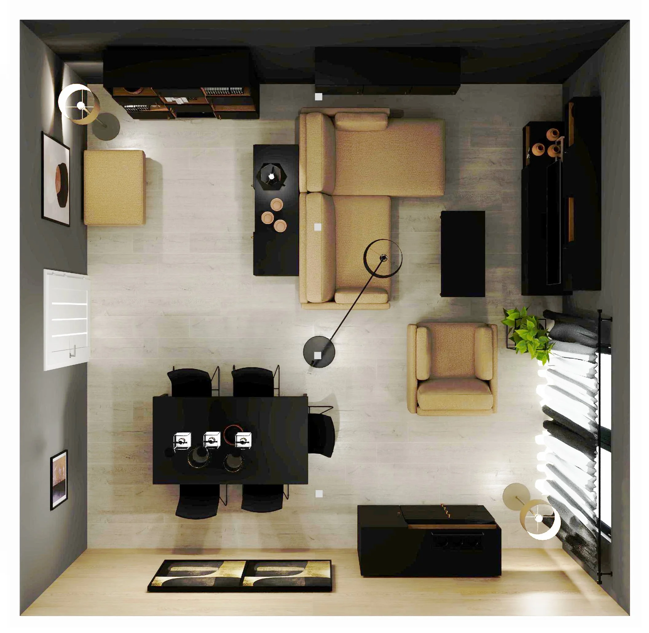 Modernistyczny living room z drewnianą ścianą
