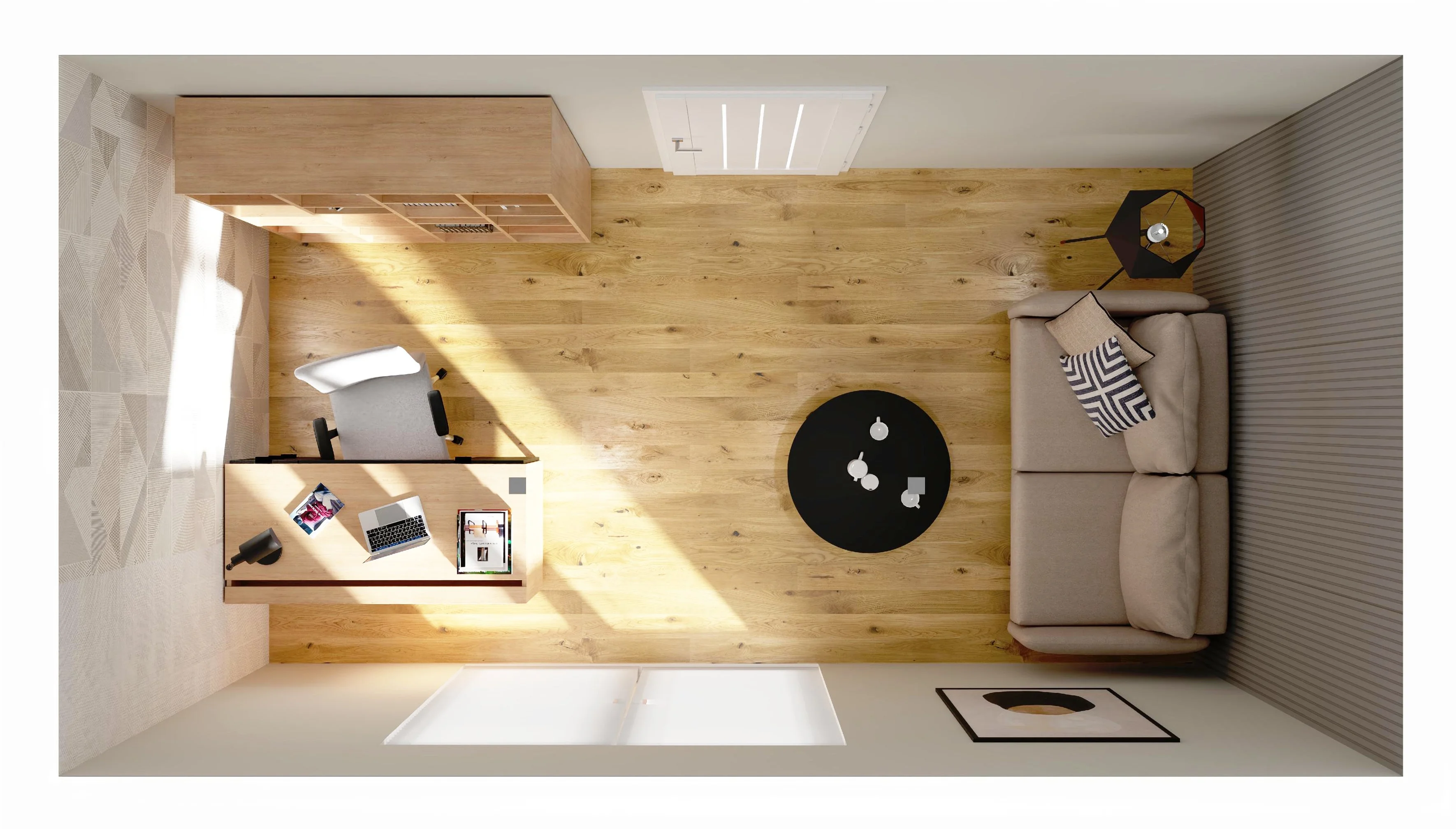 Małe home office z sofą do relaksu