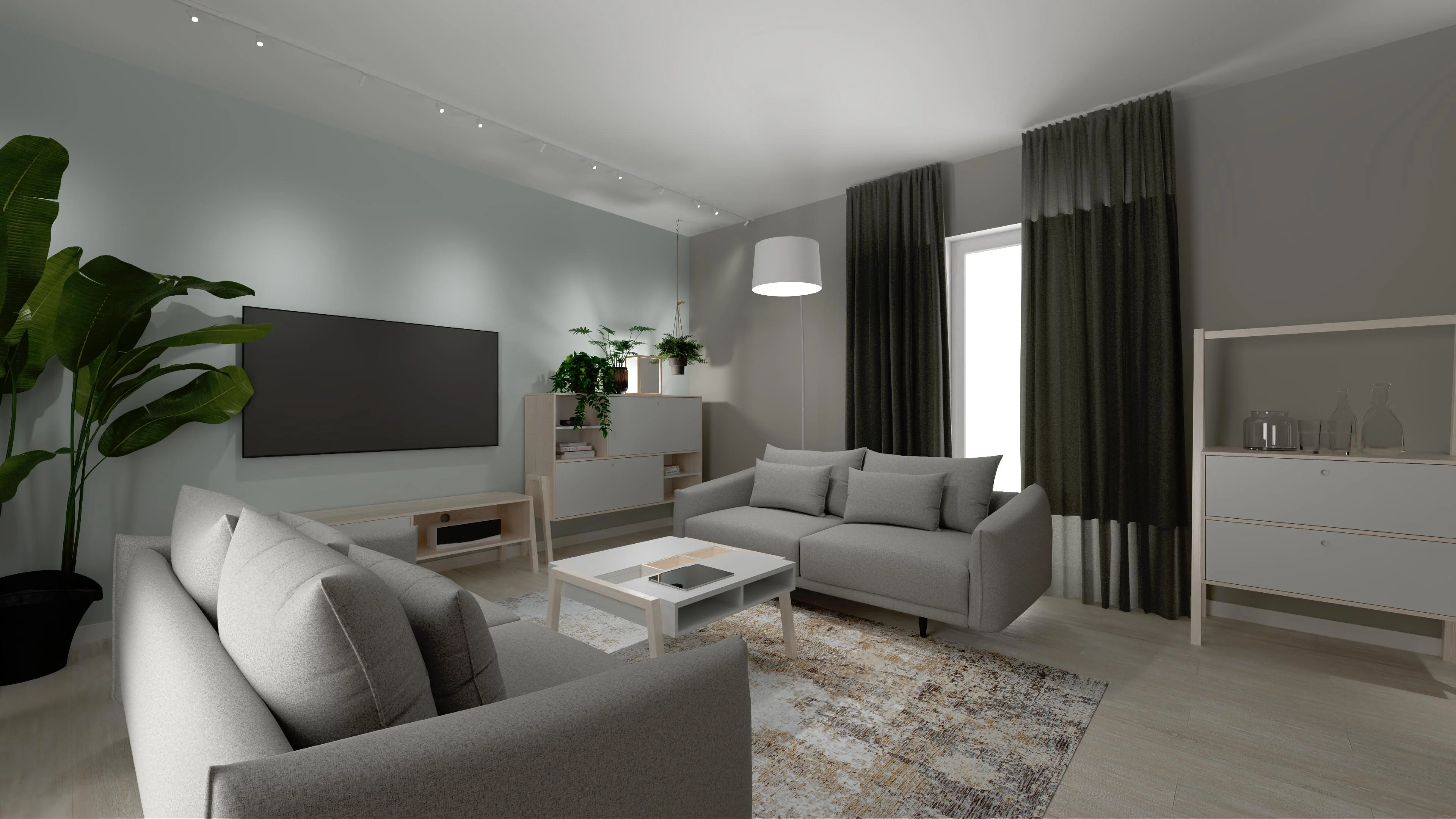 Szary salon z tv i dwiema sofami