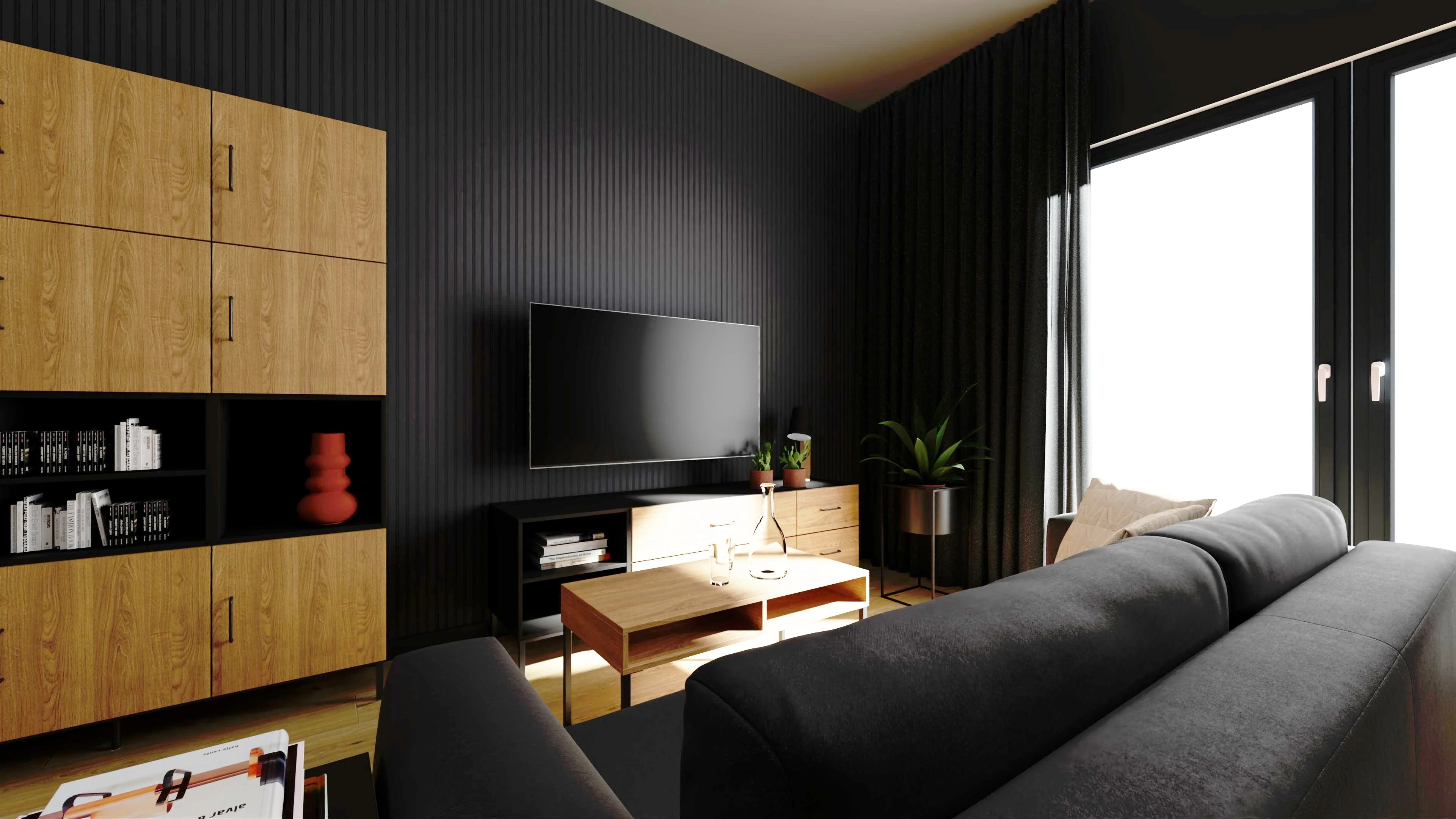 Kontrastowy salon z jadalnią w eleganckim wydaniu