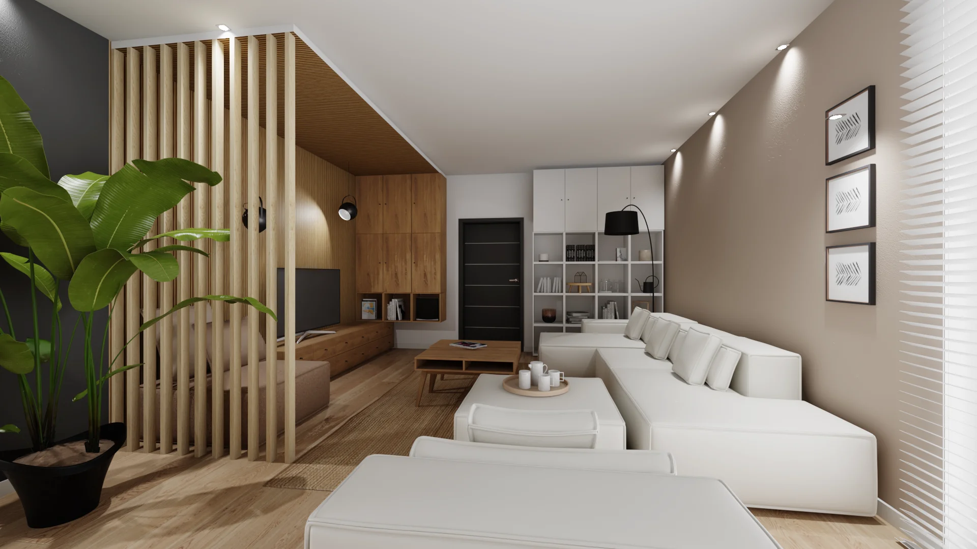 Harmonijny salon z jadalnią i małym balkonem