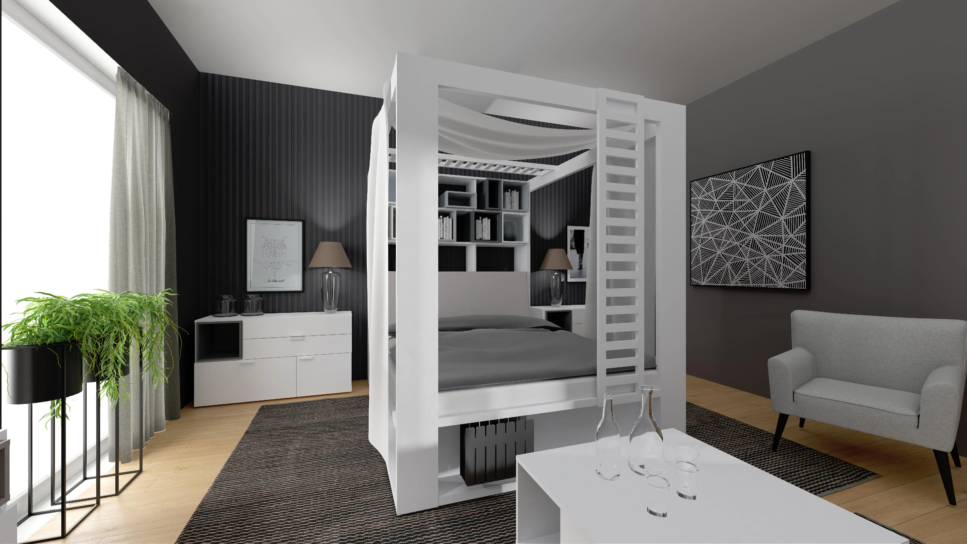 Elegancka sypialnia dla pary w kolorach black & white