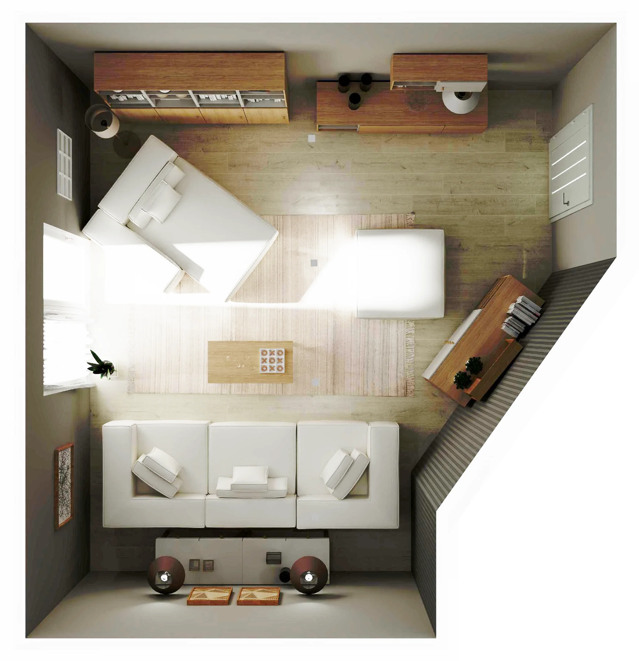Nowoczesny living room ze skośną ścianą