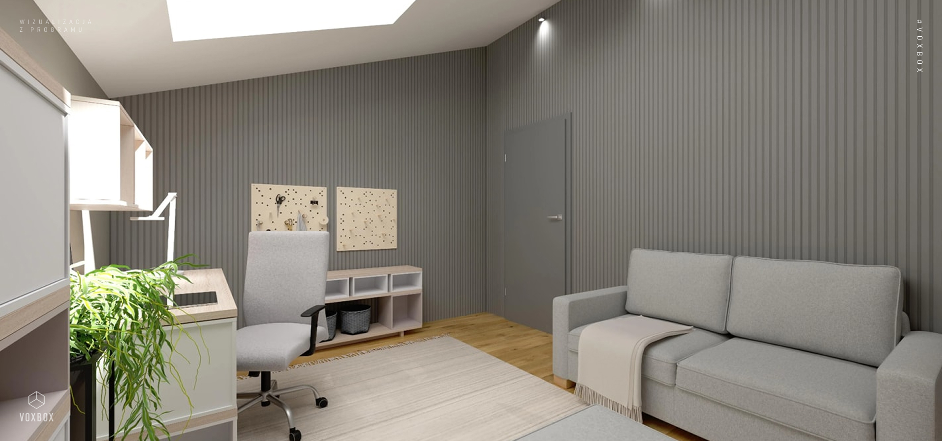 Szare ściany pokryte lamelami w pokoju na poddaszu