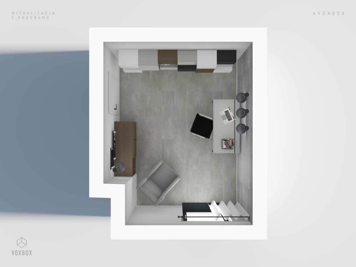 Widok z góry na układ mebli w jasnym domowym gabinecie.