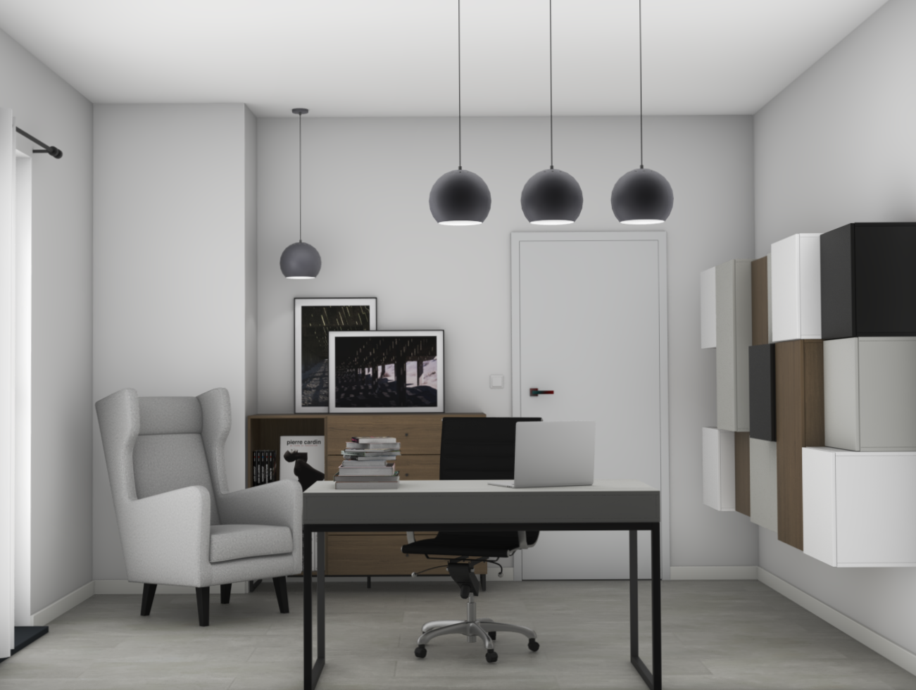 Gabinet z nowoczesnym biurkiem, wiszącymi lampami i jasną aranżacją.