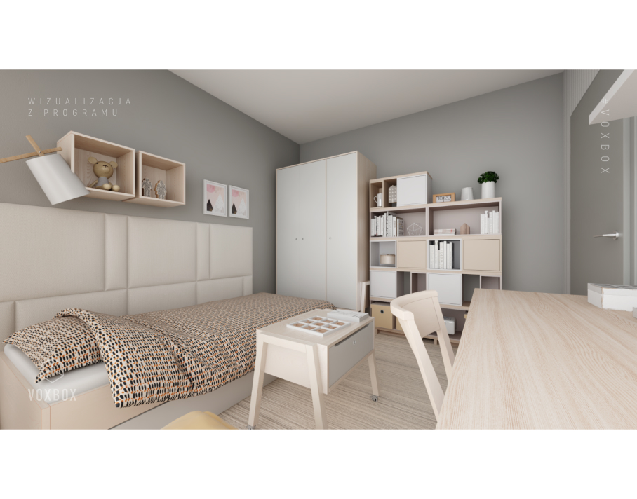 Projekt jasnego, przytulnego pokóju dziecięcego z łóżkiem, pojemną szafą i modułowym regałem w pastelowych kolorach. 