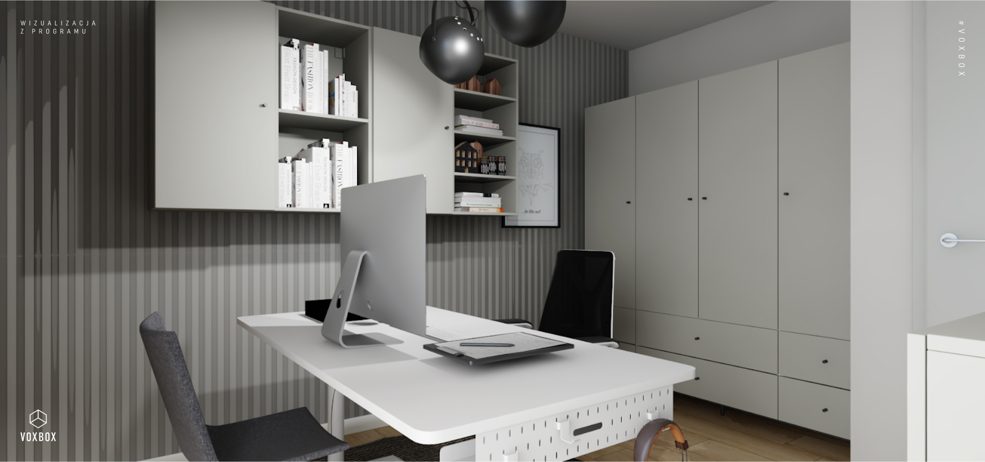 Gabinet z minimalistyczną zabudową w kolorze jasnej szarości i designerskimi lampami.