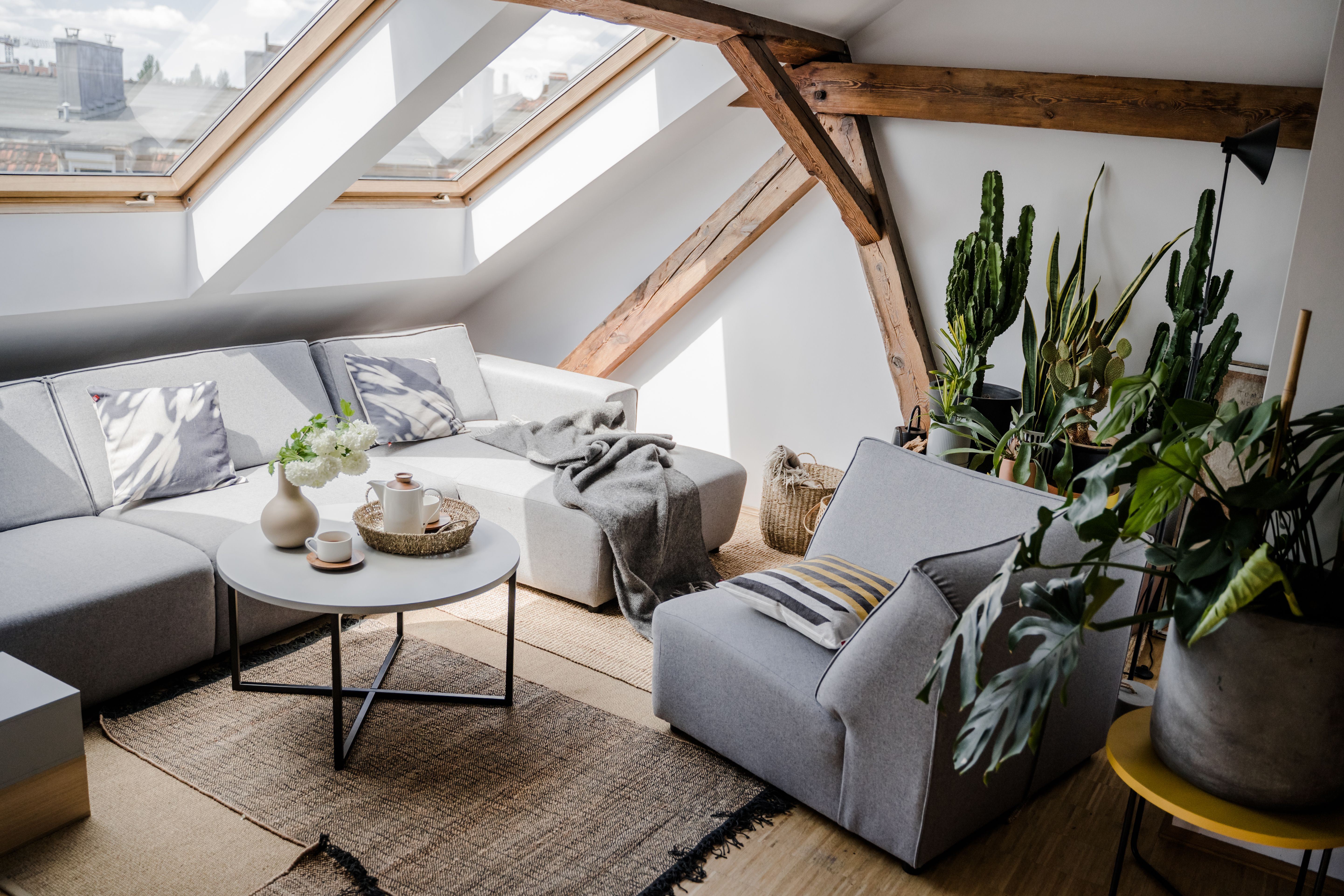 Jasny salon na poddaszu z dużą ilością roślin i drewnianymi belkami.