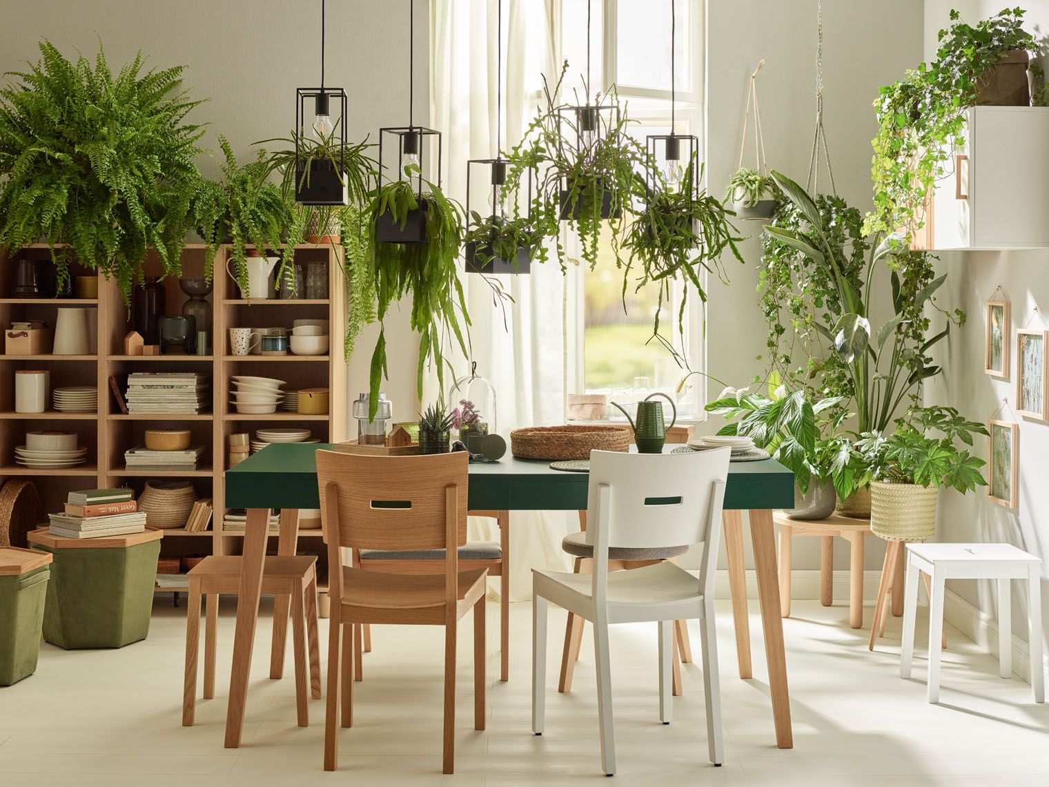 Jadalnia pełna zieleni – Stół z drewnianymi krzesłami otoczony bujnymi roślinami.