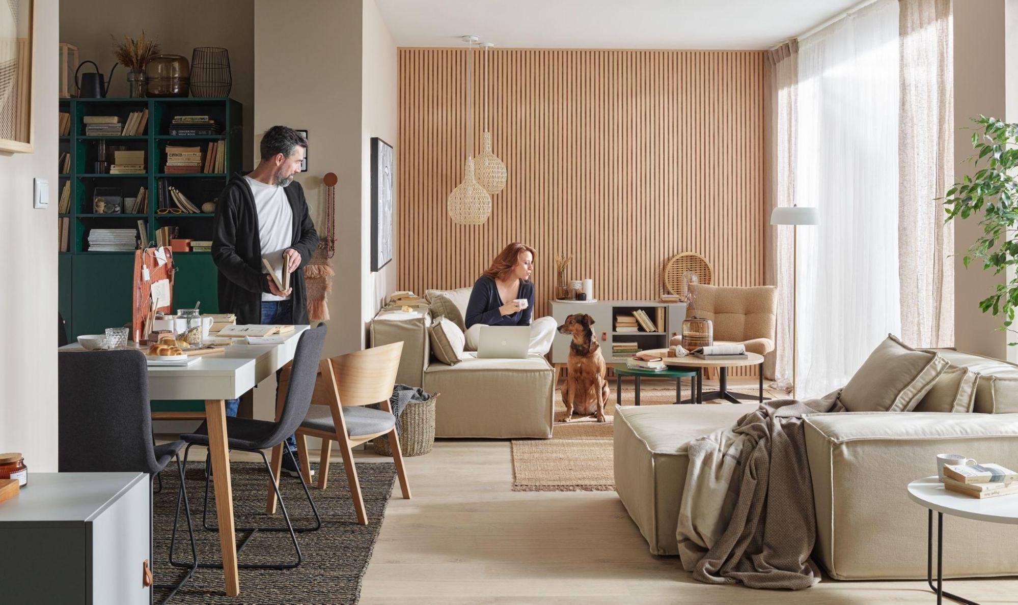 jasny styl umeblowania salonu i jadalni