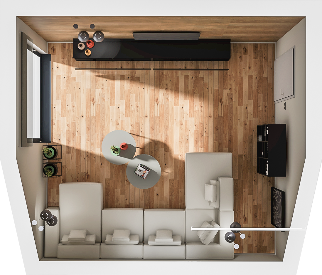 Nowoczesny living room z długą szafką rtv i sprzętem hi-fi