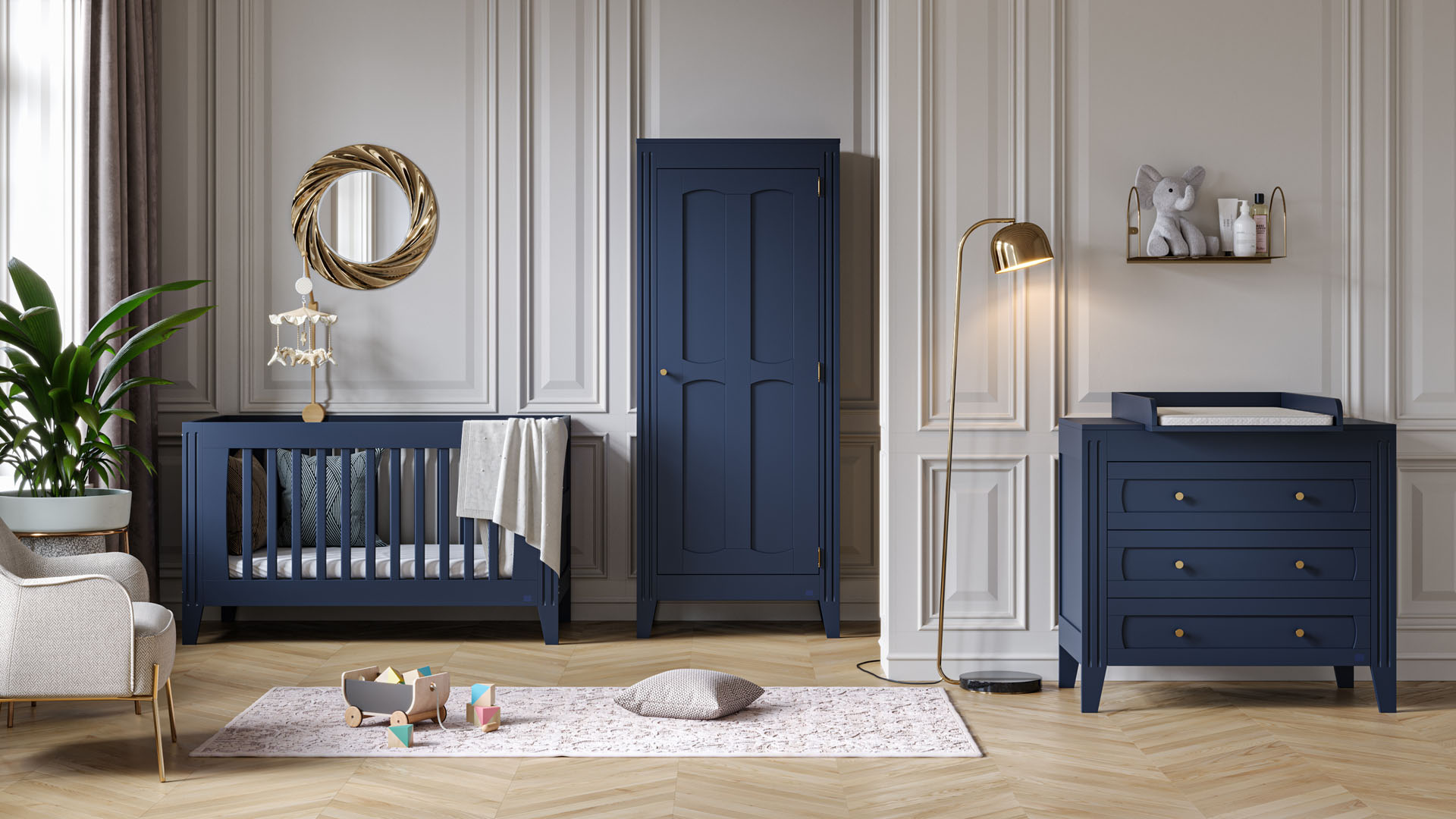 blue dress devil Cholet 7 Drawer Dresser in Architectural White