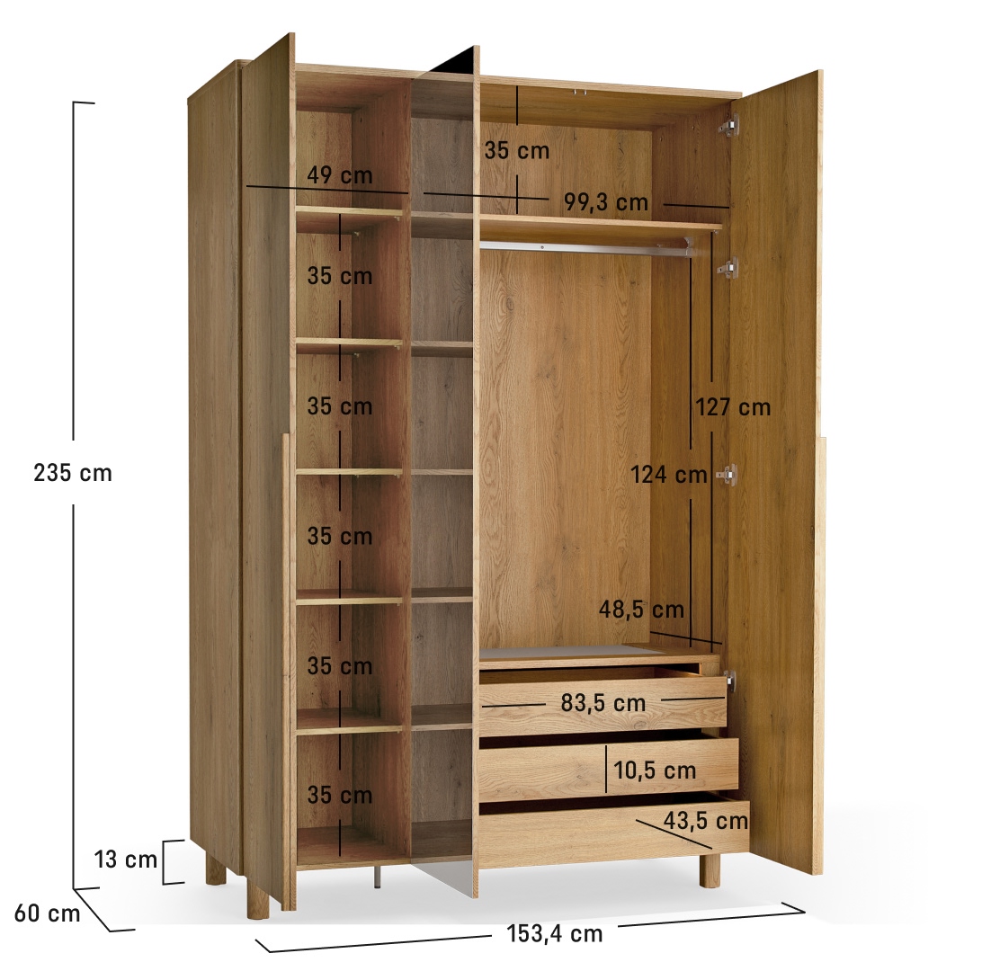 3-türiger Kleiderschrank mit Spiegel und Beleuchtung Well