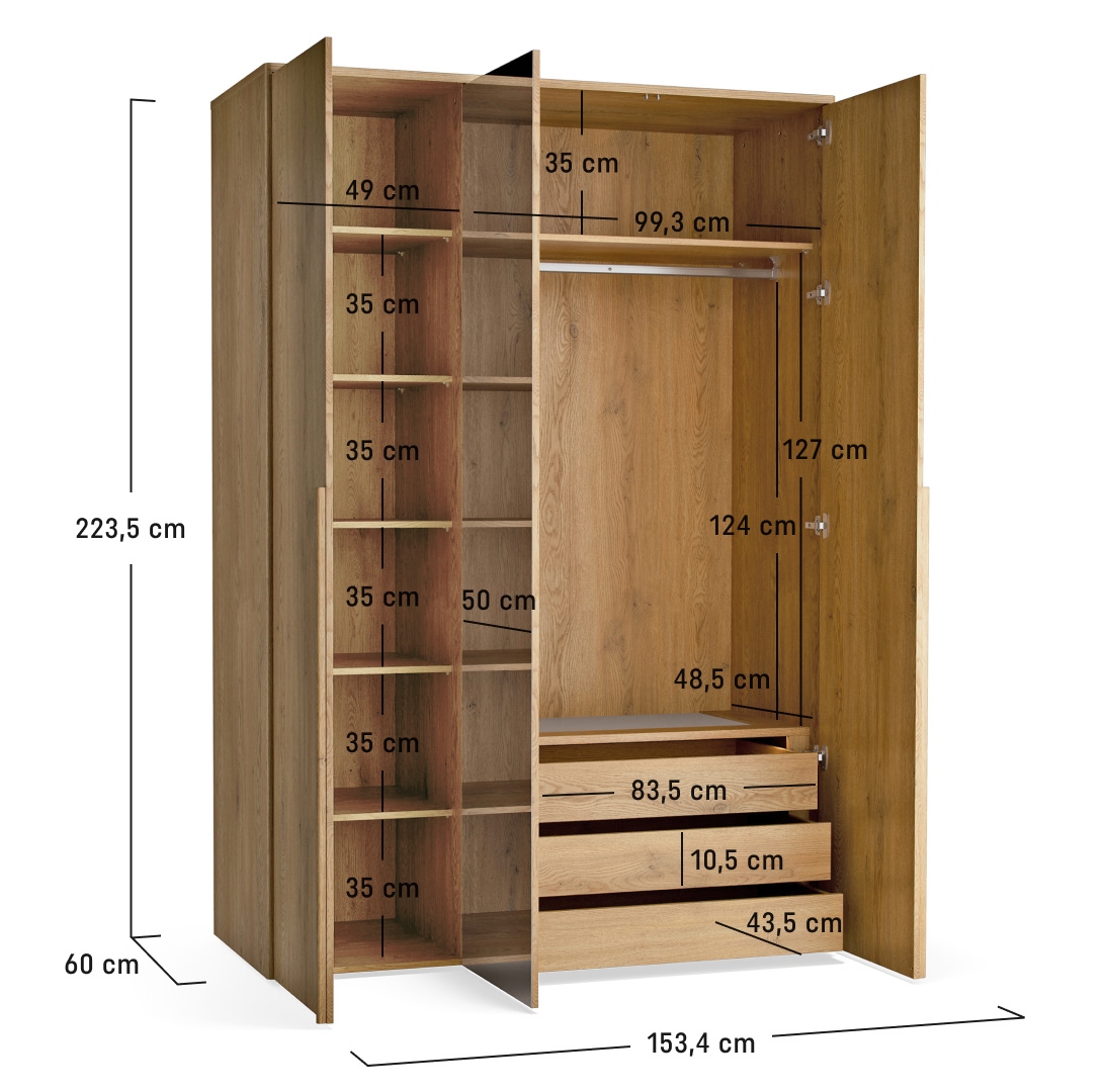 3-door wardrobe with mirror and lighting Well - Widok techniczny