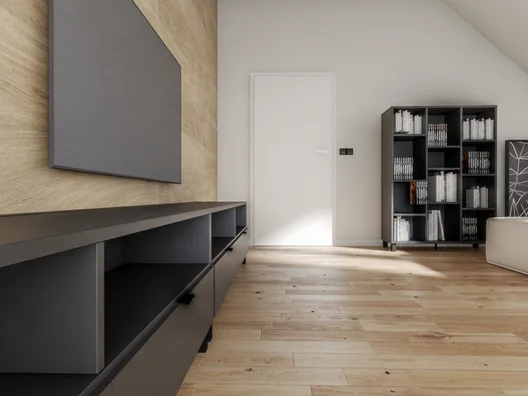 Nowoczesny living room z długą szafką rtv i sprzętem hi-fi