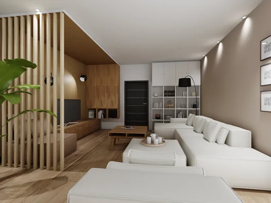 Harmonijny salon z jadalnią i małym balkonem