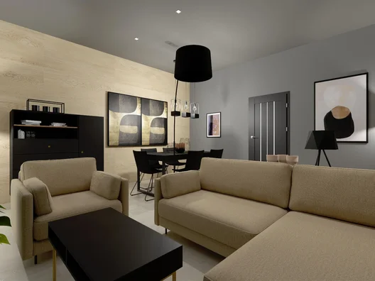Modernistyczny living room z drewnianą ścianą