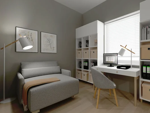 Wygodne home office z regałami i leżanką
