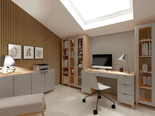 Harmonijne home office w barwach szarości i drewna