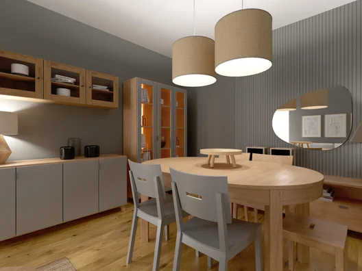 Przytulny salon z jadalnią w kolorach szarości i drewna