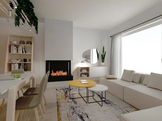 Przestronny living room z jadalnią i kominkiem