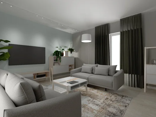 Szary salon z tv i dwiema sofami