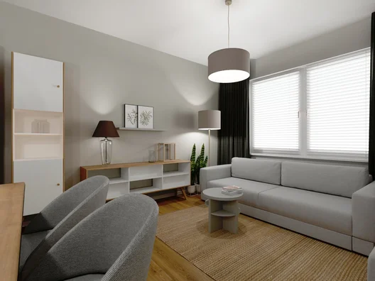 Nowoczesny salon z jadalnią w szaro-drewnianych kolorach