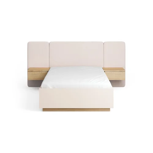 Bed 120x200 with a wide straight upholstered headboard and wall-mounted bedside tables Sova