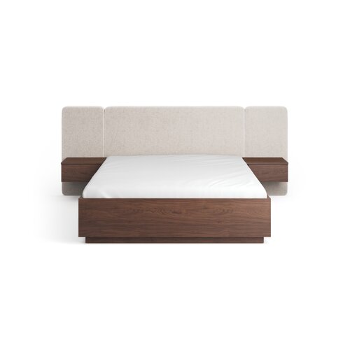 Bed 160x200  with a wide straight upholstered headboard and wall-mounted bedside tables Sova