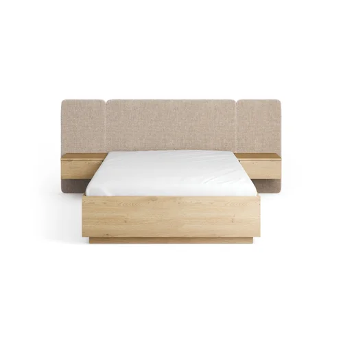 Bed 140x200 with a wide straight upholstered headboard and wall-mounted bedside tables Sova