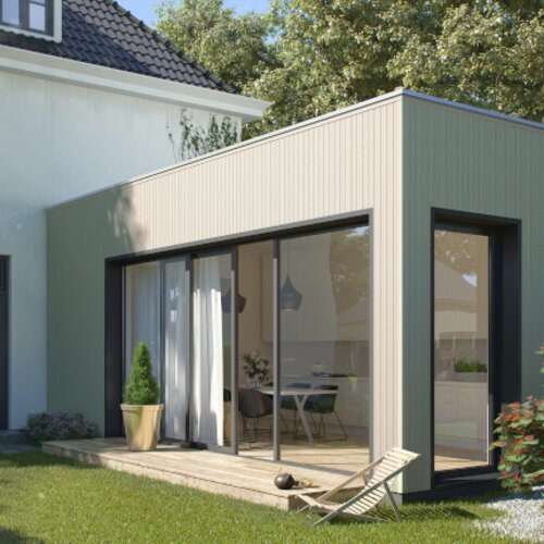 Facade cladding, Kerrafront, Modern Wood, Claystone, fourfold panel arrangement