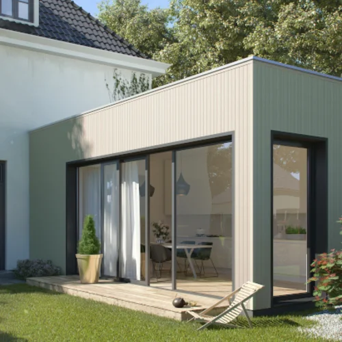 Facade cladding, Kerrafront, Modern Wood, Claystone, fourfold panel arrangement