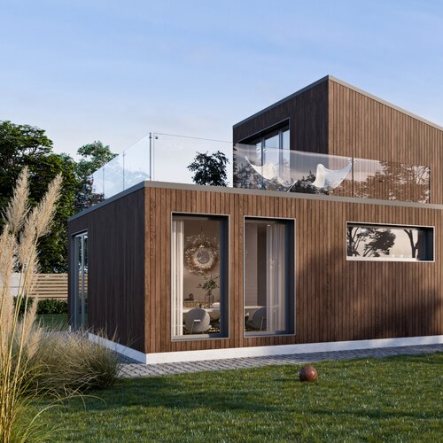Facade cladding, Kerrafront, Wood Effect, Caramel Oak, fourfold panel arrangement