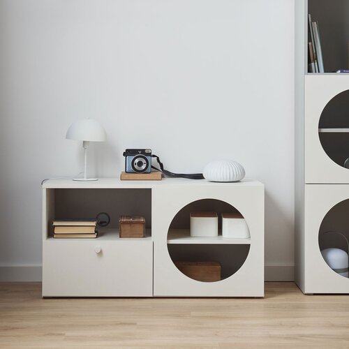 Narrow RTV cabinet with hole front panel Reli arrangement
