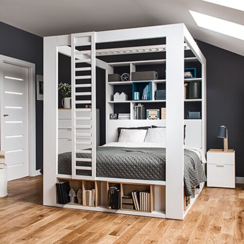 Double bed with canopy and shelving unit 4 You arrangement