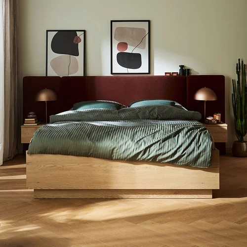 Bed 180x200  with a wide straight upholstered headboard and wall-mounted bedside tables Sova arrangement
