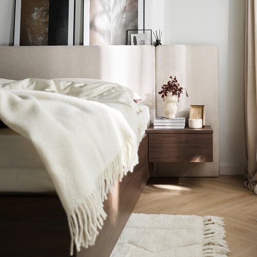 Bed 160x200  with a wide straight upholstered headboard and wall-mounted bedside tables Sova arrangement