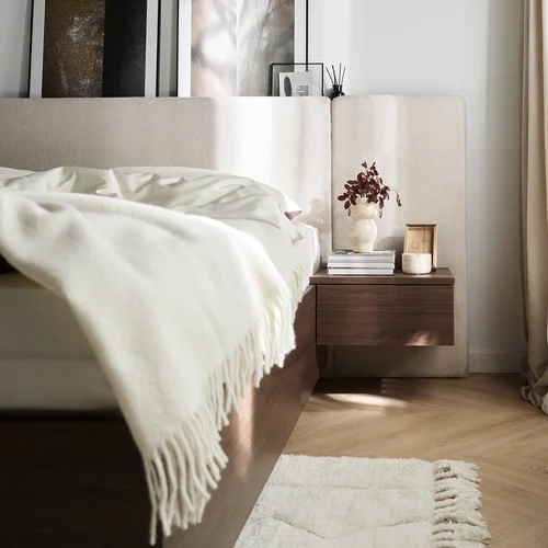 Bed 160x200  with a wide straight upholstered headboard and wall-mounted bedside tables Sova arrangement