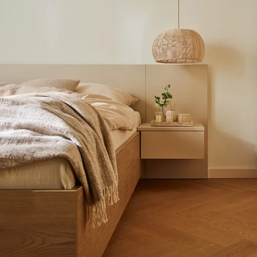 Bed 120x200 with straight wide panel headboard and wall-mounted bedside tables Sova arrangement