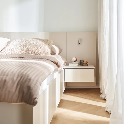 Bed 140x200 with straight wide panel headboard and wall-mounted bedside tables Sova arrangement