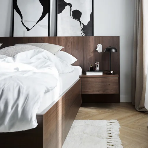 Bed 180x200 with straight wide panel headboard and wall-mounted bedside tables Sova arrangement