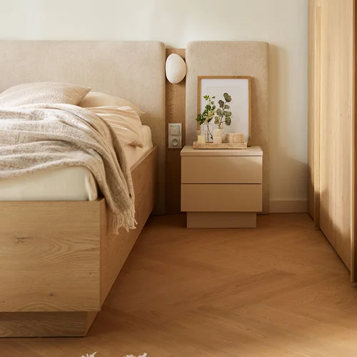 Bed 140x200 with a wide straight upholstered headboard and extensions Sova arrangement