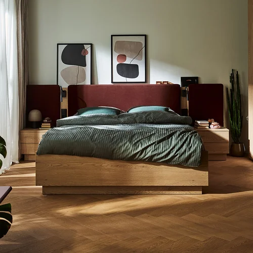 Bed 160x200 with a wide straight upholstered headboard and extensions Sova arrangement