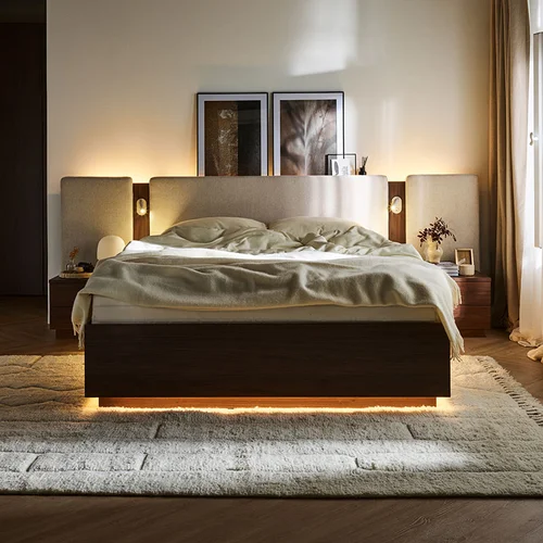 Bed 180x200 with a wide straight upholstered headboard and extensions Sova arrangement