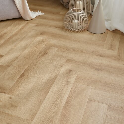 Panele winylowe Querra Vinyl Herringbone Dąb Styr HB ze zintegrowanym podkładem aranżacja